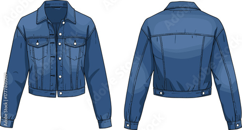 Blue denim jacket, front and back view, classic design, fashion sketch, apparel template, clothing mockup, stylish outerwear, textile illustration