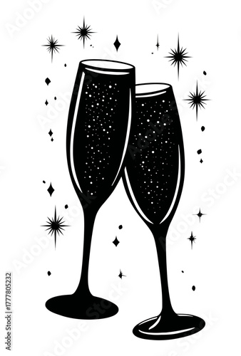 Cheers with two sparkling champagne flutes clinking, surrounded by festive stars. Elegant toast for celebration, New Year, party, anniversary. Vector art.