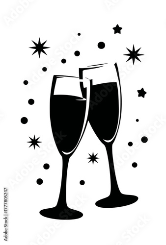 Champagne flutes toasting, black and white vector silhouette. Festive celebration, sparkling stars, cheers, party, New Year, anniversary event.