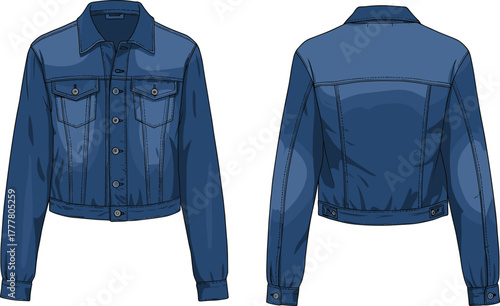 Blue denim jacket, front and back view, classic design, buttoned cuffs, chest pockets, fashion apparel, casual wear, garment construction