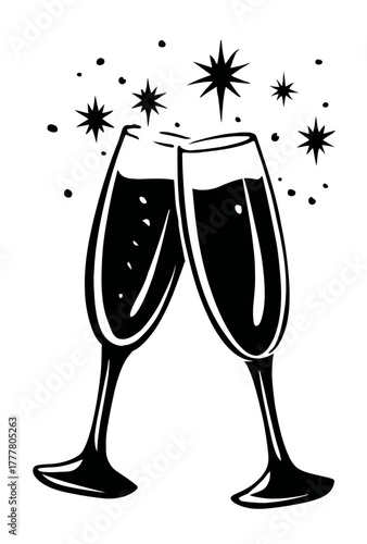 Black and white vector illustration of two champagne glasses clinking, celebrating with sparkling effervescence.