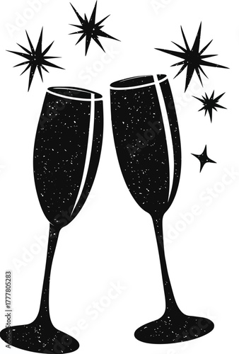 Elegant black and white illustration of two sparkling champagne flutes toasting, perfect for New Year, parties, and celebrations.