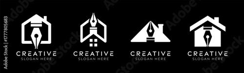Set of house pencil logo design templates. Modern isolated house with pencil design for architects, tutoring, and education.