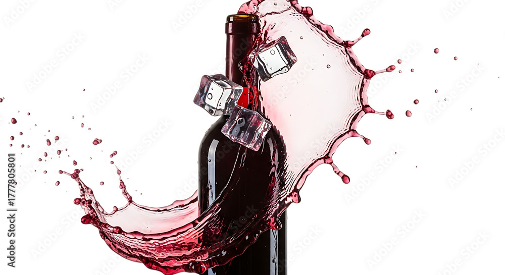 Fototapeta premium A sleek bottle of red wine is dramatically enveloped in a vibrant splash of liquid, accompanied by ice cubes, isolated on transparent background, creating a dynamic and visually striking composition