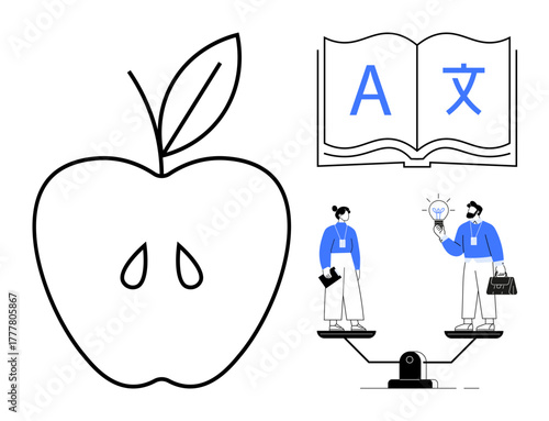 Apple outline, open bilingual book with letters, two people balancing scales exchanging ideas. Ideal for education, innovation, teamwork, equality, language learning, minimal design concepts