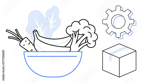 Bowl of vegetables and fruits with carrot, banana, broccoli, and lettuce. Adjacent gear and cube suggest production, logistics, sustainability, and supply chain. Ideal for nutrition packaging