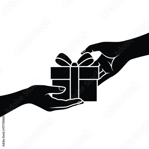 Silhouette of hands exchanging a gift box with a bow
