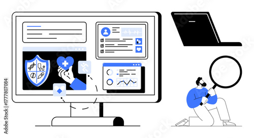 Monitor displaying health data, charts, and personal profiles alongside a magnifying user. Ideal for healthcare, analytics, technology, data security, diagnostics research innovation. Simple flat