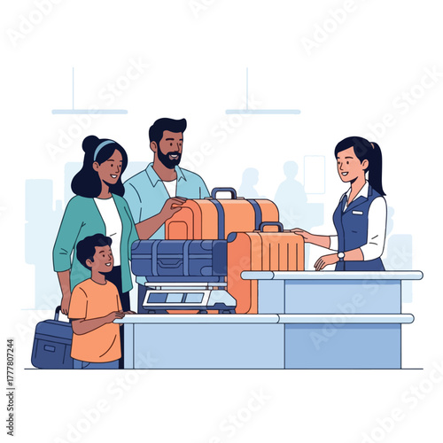 A happy family with their son and luggage at the airport check-in desk with an airline attendant.
