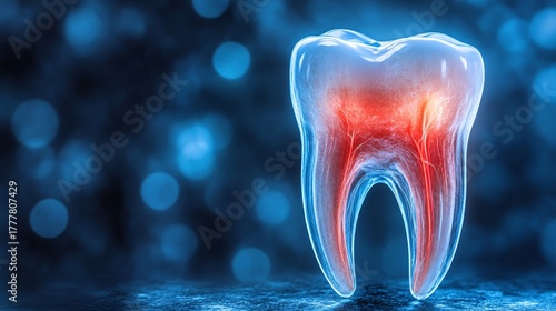 highly detailed digital illustration of a tooth with root canal infection and reddened pain areas for dental health and oral care awareness