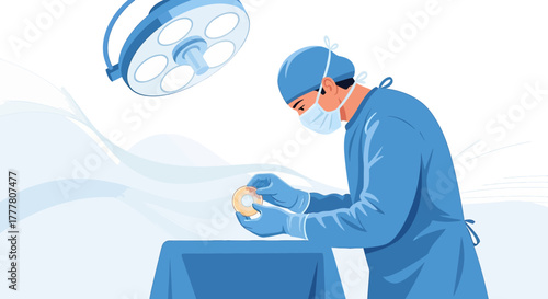 Skilled surgeon preparing implant under bright surgical lighting for operation procedure readiness