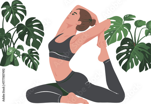 Woman in Pigeon Pose with Monstera Plants, Yoga Illustration