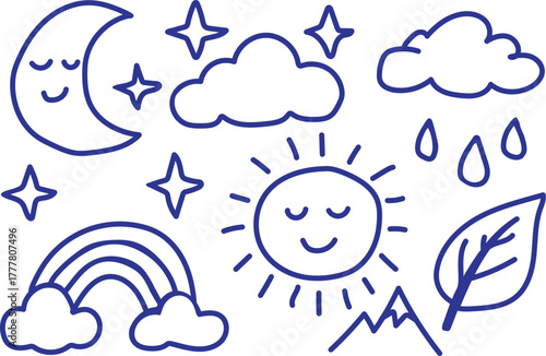Cute hand drawn weather elements with smiling moon and sun