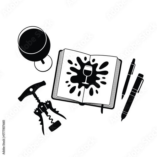 Wine tasting notes journal with corkscrew and pen