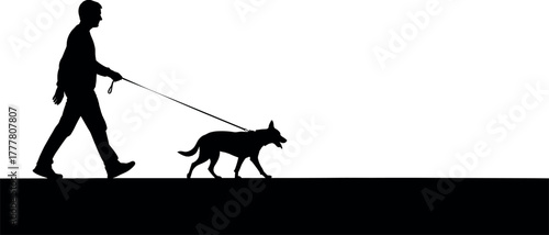Silhouette of a man walking his dog on a leash.