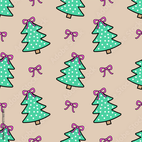Winter cute seamless Christmas tree pattern on a beige background