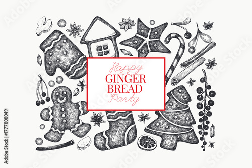 Vintage Hand Drawn Vector Design Template of Gingerbread. Not AI Generated. Retro Christmas Pastry Engraved Old Style Illustration