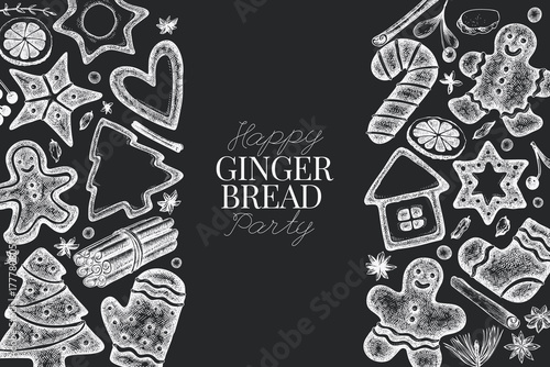 Vintage Hand Drawn Vector Design Template of Gingerbread. Not AI Generated. Chalk Board Retro Christmas Pastry Engraved Old Style Illustration