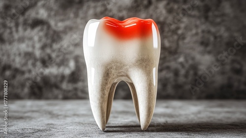dental health concept with tooth model and red fluoride gel