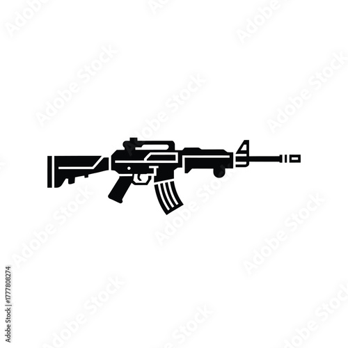 Black silhouette of a modern assault rifle on a white background
