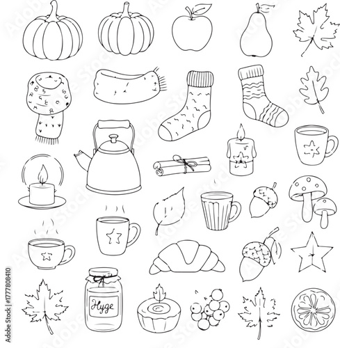 Cozy Autumn Hygge Vector Doodle Set – Hand-Drawn Fall Icons with Pumpkins, Leaves, Tea, Candles, and Seasonal Elements in Minimal Line Art Style