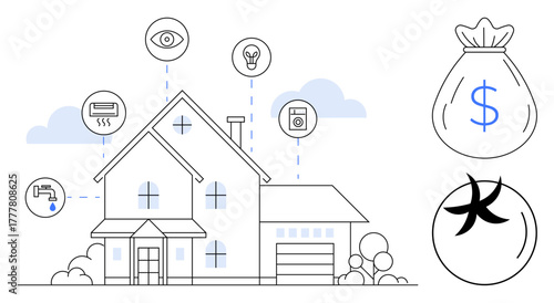 Residential house surrounded by icons for energy, water, security, and appliances. Ideal for tech, sustainability, finance, real estate innovation lifestyle efficiency. Simple flat metaphor