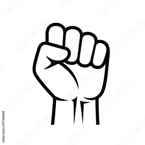 Black and white illustration of a clenched fist raised in protest