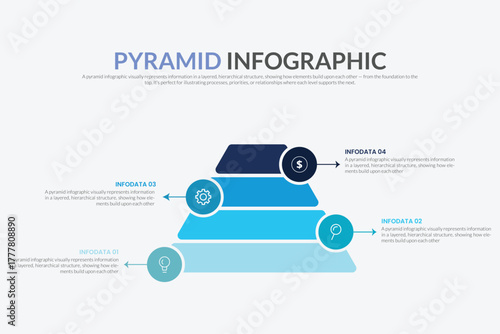Pyramid Infographic, funnel pyramid business infographic with 4 charts. Template can be edited, recolored, editable. EPS Vector