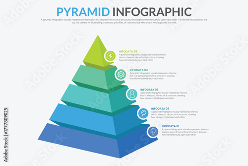 Pyramid Infographic, funnel pyramid business infographic with 5 charts. Template can be edited, recolored, editable. EPS Vector
