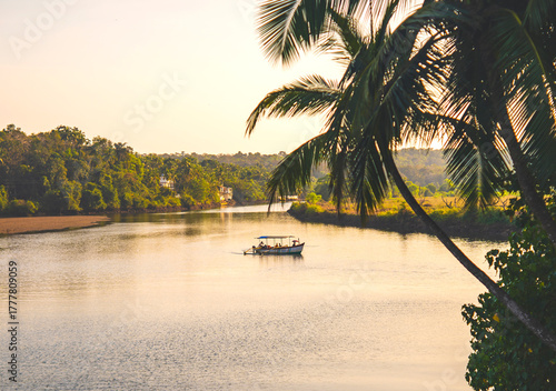Idyllic South Goa river with palm trees and boat during evening light