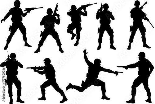 Army Action Pose Silhouette Vector Bundle Isolated on White Background