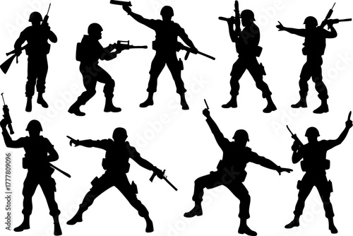 Army Action Pose Silhouette Vector Bundle Isolated on White Background