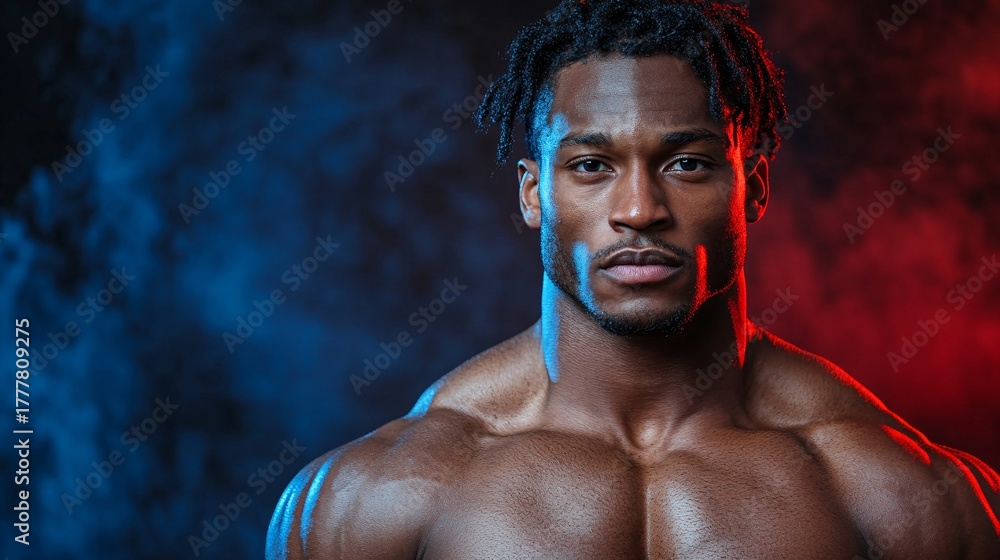 Obraz premium intense portrait of a muscular man with colored lighting for fitness and beauty themes