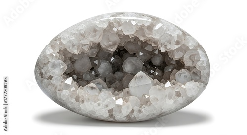 Vector illustration of a geode crystal egg cut in half, revealing sparkling crystal formations inside, isolated on white background