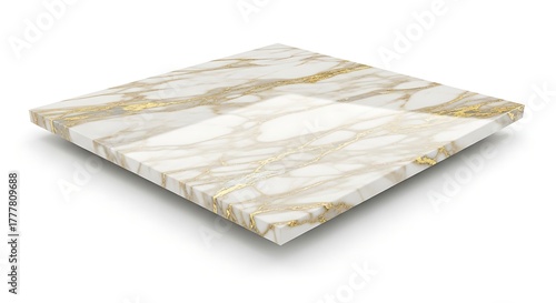 Vector illustration of a square slab of white marble with striking gold veining, presented at an angle on a clean white background