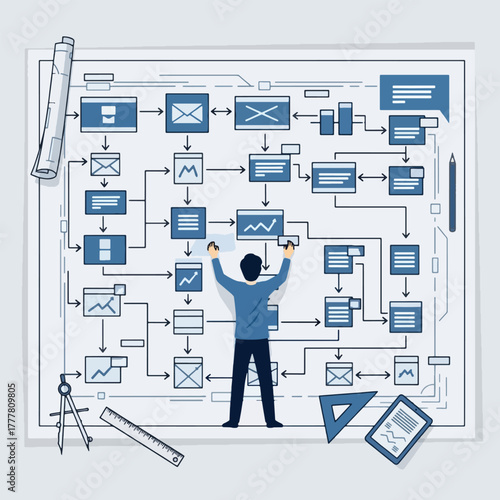 System architect or developer planning a complex user flow on a large technical blueprint.