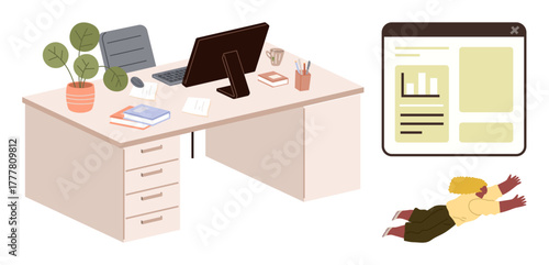 Office desk with monitor, books, plant, and supplies. Digital interface window and floating person suggest multitasking, creativity, or remote work. Ideal for office, productivity flexibility