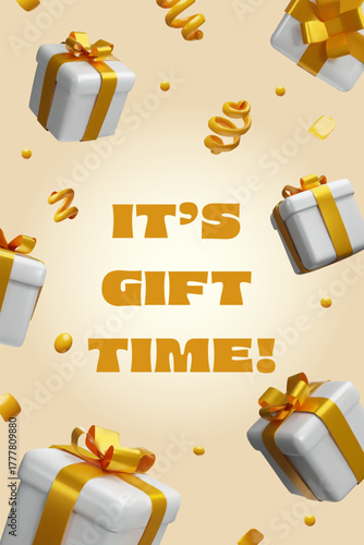 Three-dimensional festive poster with golden and white gift boxes, glossy ribbons, and floating decorations on a soft beige background. 3D Christmas, New Year, or seasonal sale design.