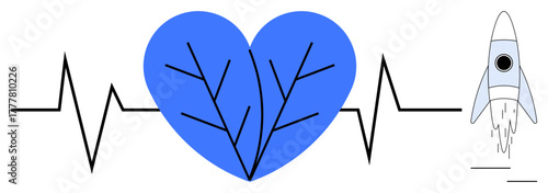 Blue heart with black branch-thumbs up veins, heartbeat line, and soaring rocket. Ideal for health, growth, technology, innovation, vitality energy inspiration themes. Simple flat metaphor