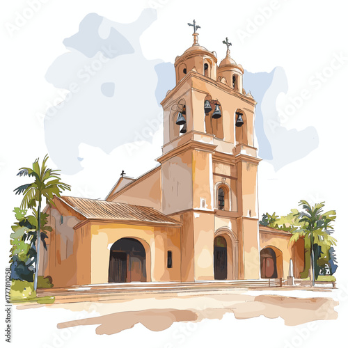 Jesuit Missions of La Sant?sima Trinidad. Jesuit Missions of La Sant?sima Trinidad hand drawn watercolor illustration