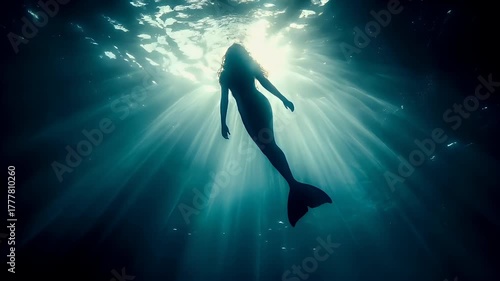 A silhouette of a mermaid swimming underwater with sunlight filtering through the waters surface.