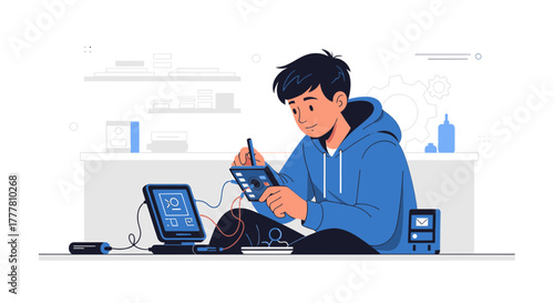 Young man passionately crafting intricate electronics in a home workshop setting showcasing