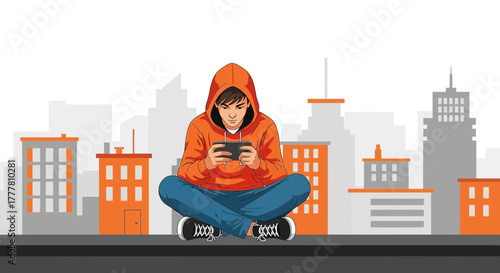 Young man immersed in mobile gaming against cityscape backdrop expressing digital age lifestyle