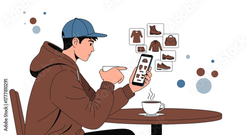 Young man shopping online for clothes using a mobile phone while enjoying coffee