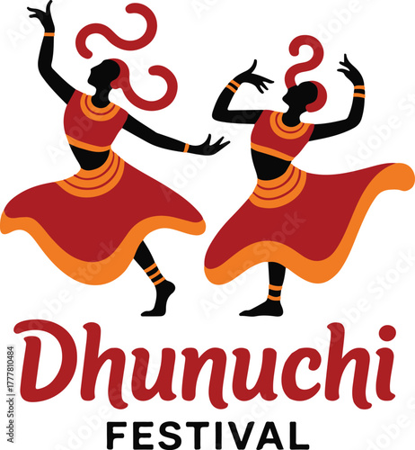 Dhunuchi festival illustration with Indian dancers. Religious festival illustration