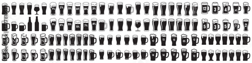 set of Beers with different amounts of alcohol. Set for bars and restaurants. Vector Black silhouettes. with white background