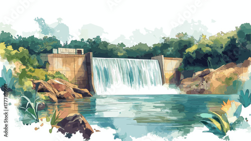 Petit Saut Dam. Petit Saut Dam hand drawn watercolor illustration