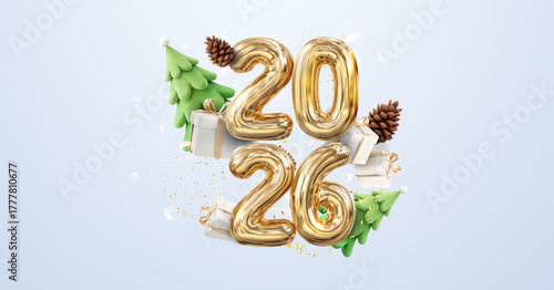 3D vector of 2026 new year in gold balloon numbers with christmas trees, gift boxes, pine cones and confetti on a light background with copy space