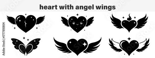 Heart with Angel Wings Vector Icon Set