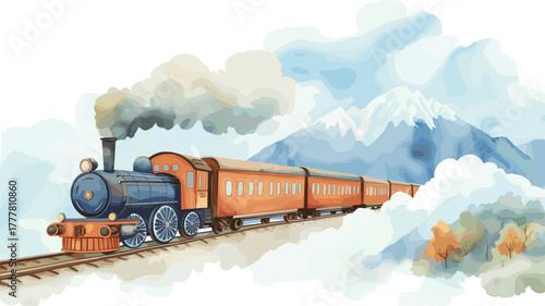 Train to the Clouds. Train to the Clouds hand drawn watercolor illustration